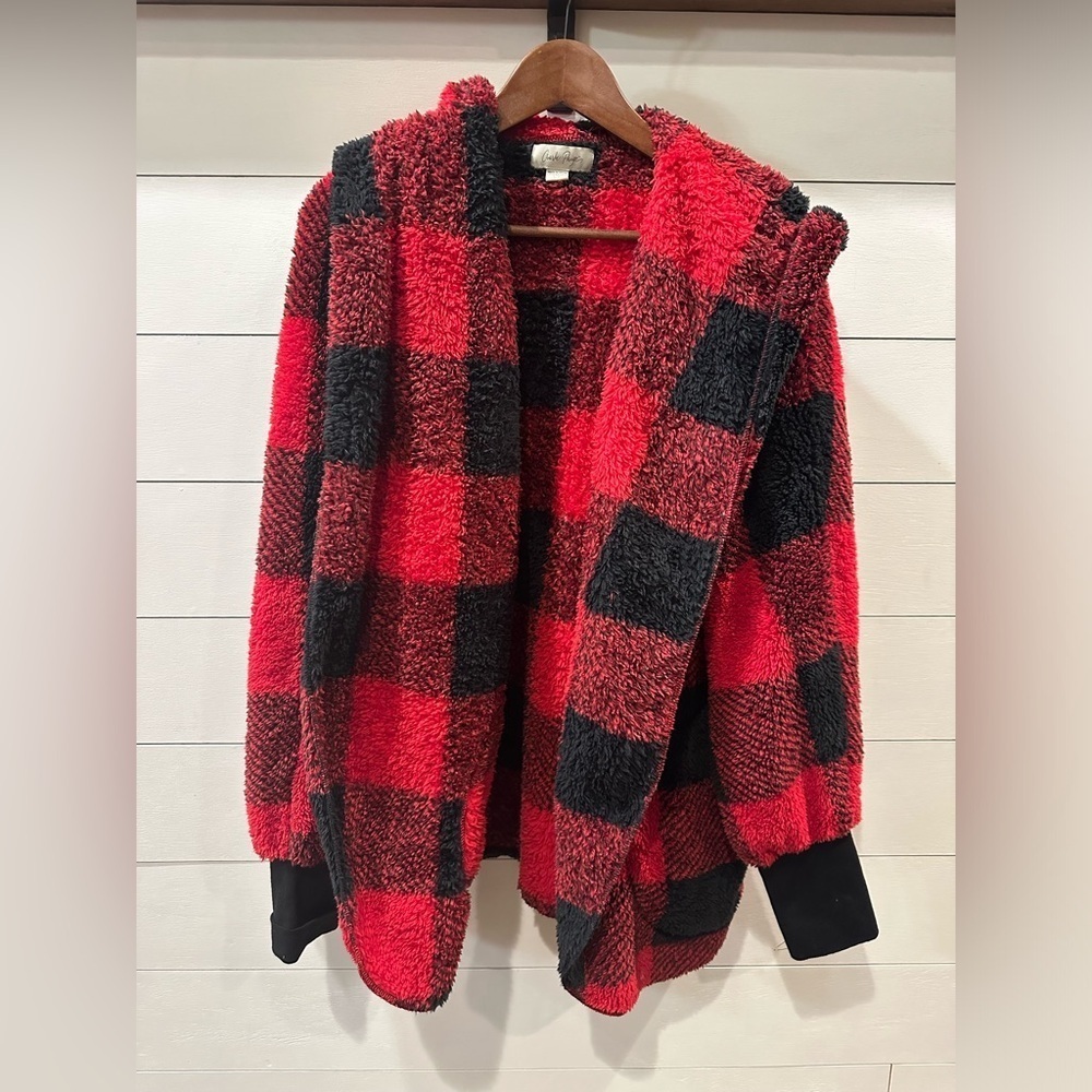 Charlie Paige Red and Black Sherpa Jacket- size Large